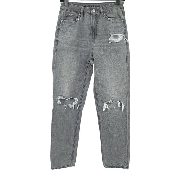 American Eagle Outfitters Denim - American Eagle Ankle Mom Jeans Sz 4 Gray Denim High Rise Waist Distressed Ripped